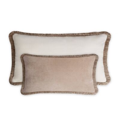 Coussin Couple Happy Rectangle Beige - Franges Velours Blanc