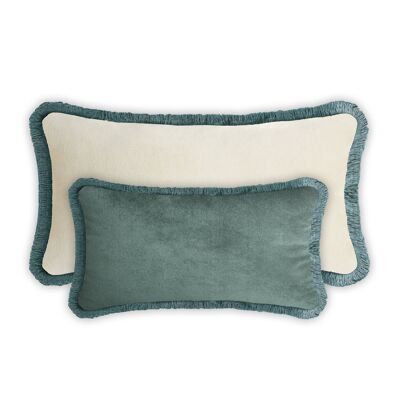 Coussin Couple Happy Rectangle Bleu Sarcelle - Franges en Velours Blanc