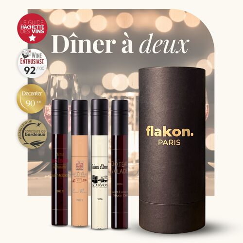 COFFRET ŒNOLOGIE - DÎNER À 2 - 4 FLACONS DE VINS DE 10CL - 2 ROUGES, 1 BLANC, 1 ORANGE - FLAKON