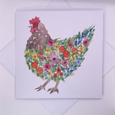 Tarjeta de felicitación de pollo gallo floral en blanco por dentro