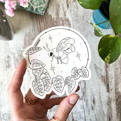 Sun Catcher Sticker - Biene mit Monstera money mask | Zimmerpflanze Aufkleber mit Regenbogen-Effekt