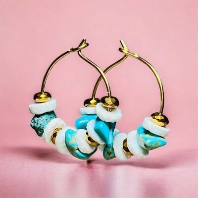 „MONIQUE“ Ohrringe aus türkisfarbener Muschel und Hämatit aus vergoldetem Stahl