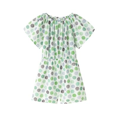 Girl's short jumpsuit with green polka dots