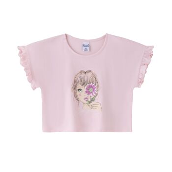 T-shirt rose à fleur et volant 2