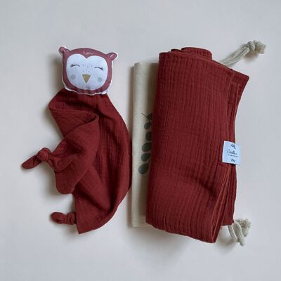 Geburtsbox „Hug“ Rote Terrakotta-Eule für den Babyschlaf.