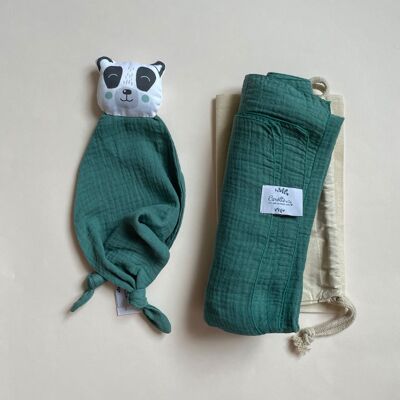 Coffret naissance "Câlin" Panda vert eucalyptus pour les dodos de bébé.