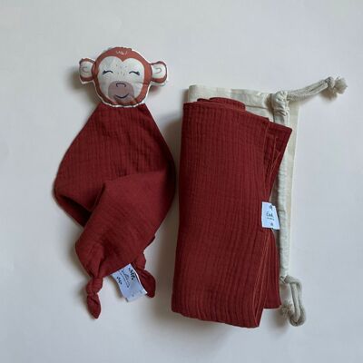 Birth box “Câlin” Terracotta red monkey for baby's sleep.