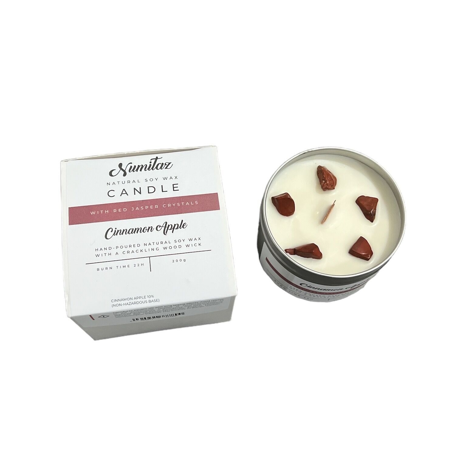 Manzana canela con cristales de jaspe rojo, vela de lata de aluminio
