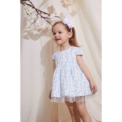 Vestido de bebé Azul con detalles de flores blancas