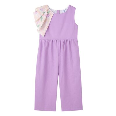 Purple long jumpsuit with ruffle on one side
