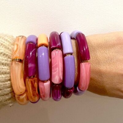 Elastic bracelet in acetate resin tube, thickness 1 cm, pink, orange and mauve