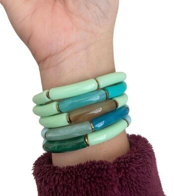 Bracelet élastique en résine acétate tube d'épaisseur 1 cm mix turquoise et vert 2