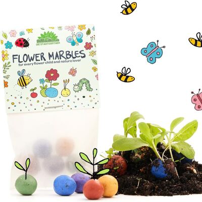 5 flower marbles in a glassine bag (DE, EN, ES, FR, NL)