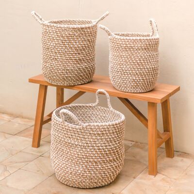 Laundry basket storage basket round GUNUNG made of banana fiber with macrame pattern made of cotton