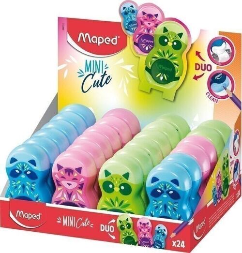 Taille-crayons gomme LOOPY MINI CUTE, 1 usage, coloris assortis, en présentoir