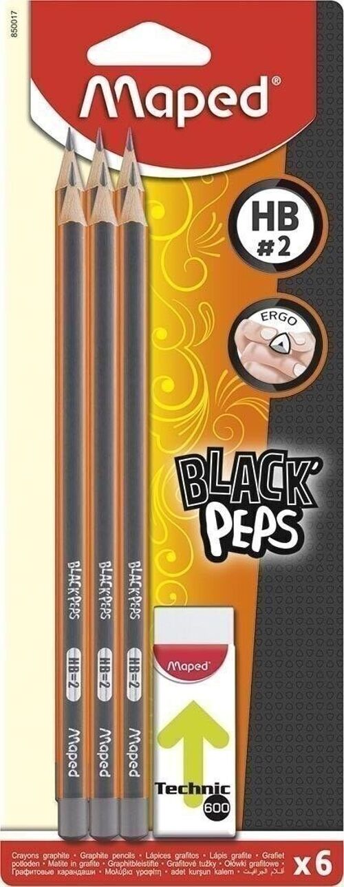 Crayons Graphite BLACK'PEPS HB x6 + 1 gomme TECHNIC 600, en blister - Bois certifié FSC