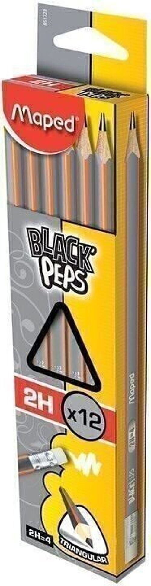 Crayons Graphite embout gomme BLACK'PEPS 2H en boîte carton