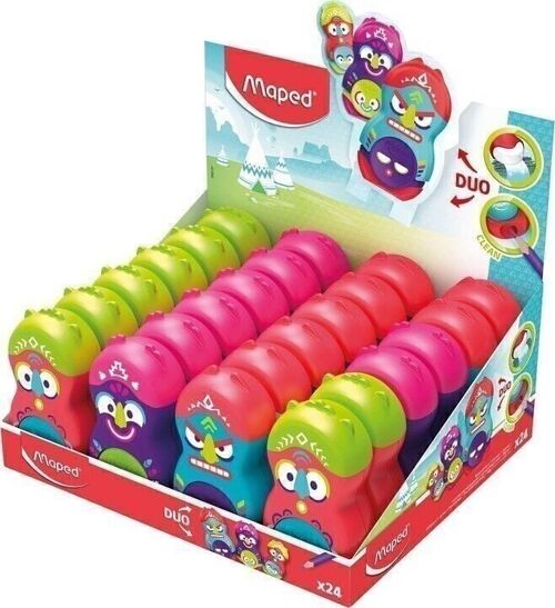 Taille-crayons gomme LOOPY TOTEM 1 usage, coloris assortis, en présentoir