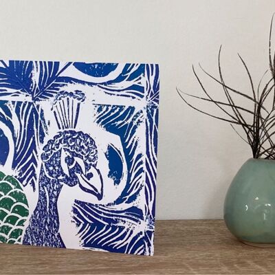 Linoldruck-Kunstkarte mit Flora und Fauna, innen leer