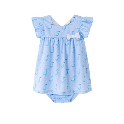 Blue baby dress with flamingos and bow