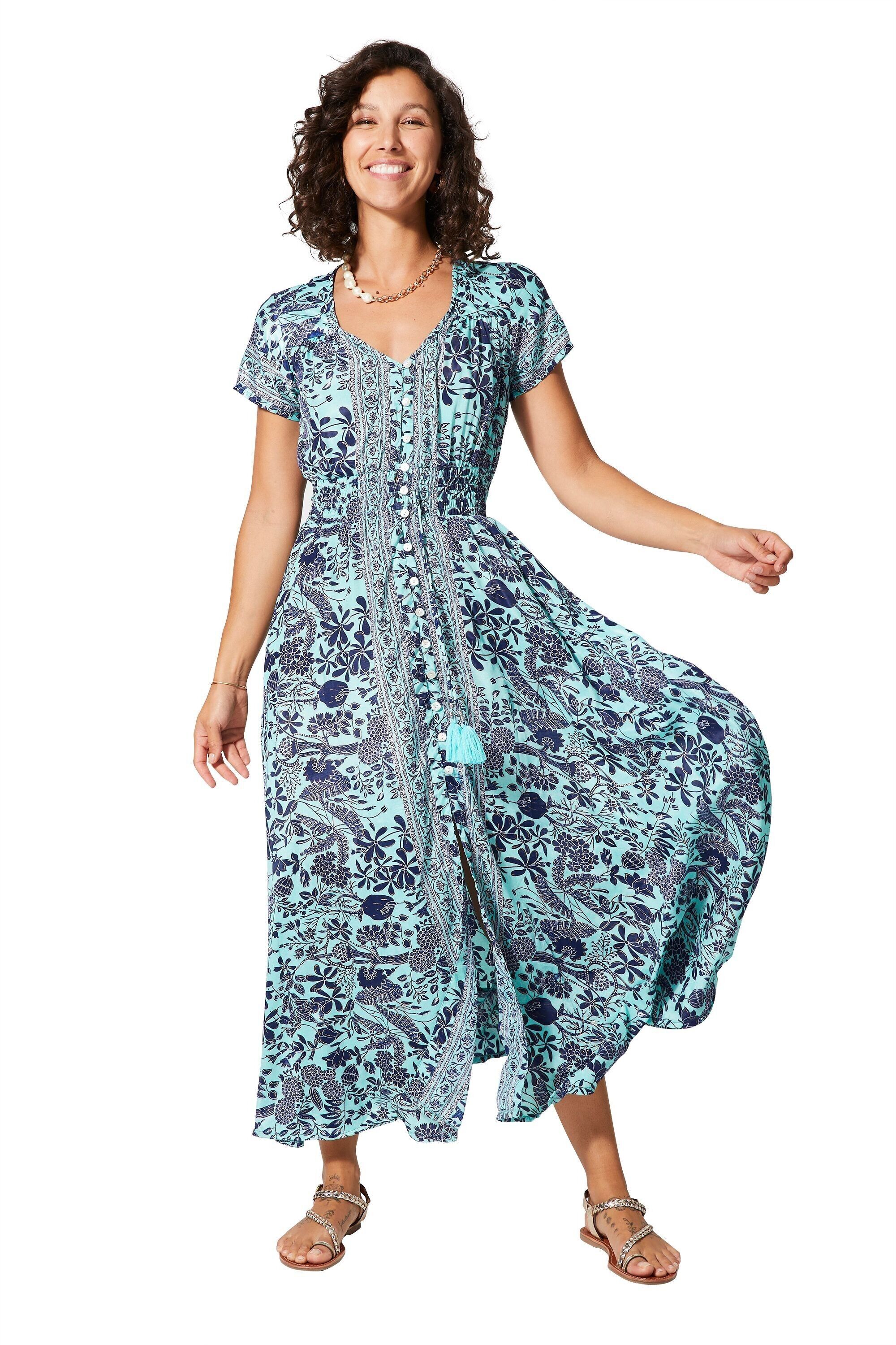 Abito lungo con maniche corte e bottoni con motivo dorato MAXIPA2010O