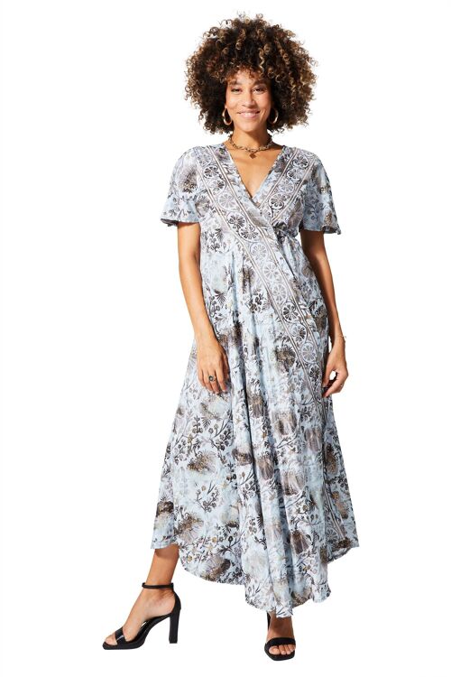 ROBE ETE LONGUE PORTEFEUILLE MANCHES COURTES MOTIFS DORÉS MAXIPA2011M