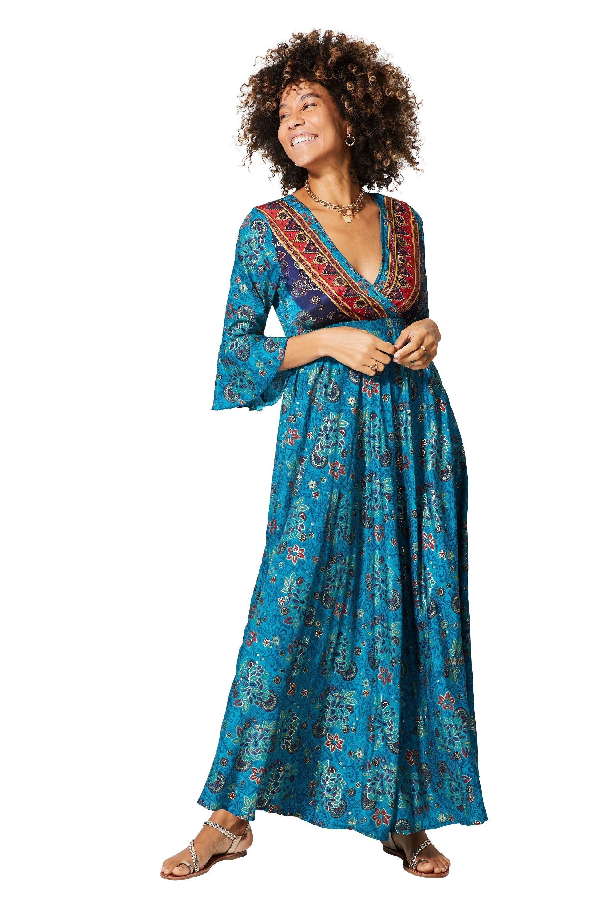 Abito da sera lungo estivo in stile bohémien con maniche a 3/4 e motivi dorati MAXIPA2013K