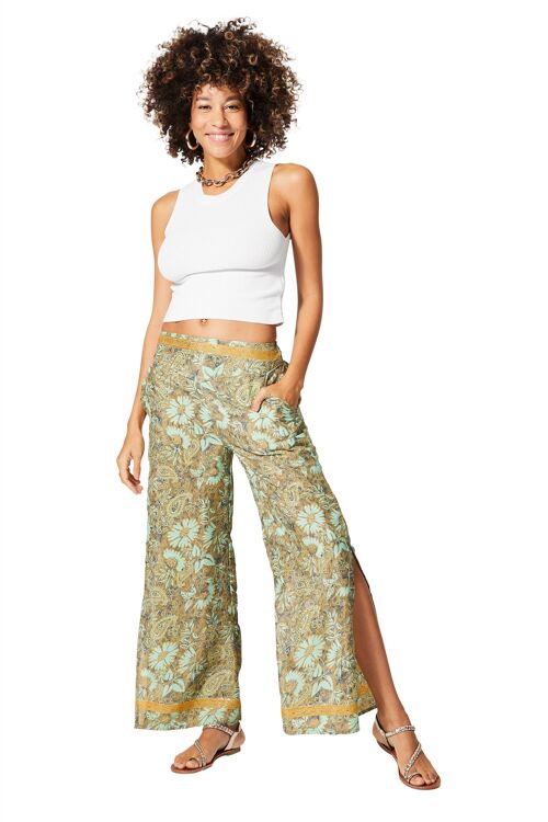 PANTALON ÉTÉ BOHÈME LÉGER FENDU MOTIFS DORÉS PIP2003G