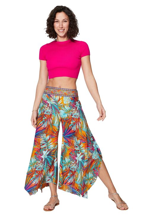 PANTALON FEMME ÉTÉ ÉVASÉ FLUIDE ET LÉGER MOTIF FEUILLE DE PALMIER ORANGE BLEU PIP4000O