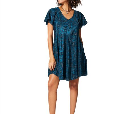 ROBE COURTE DE SOIRÉE ÉTÉ BOHÈME MANCHES COURTES BLEU MARINE MOTIFS DORÉS RLIP2006F