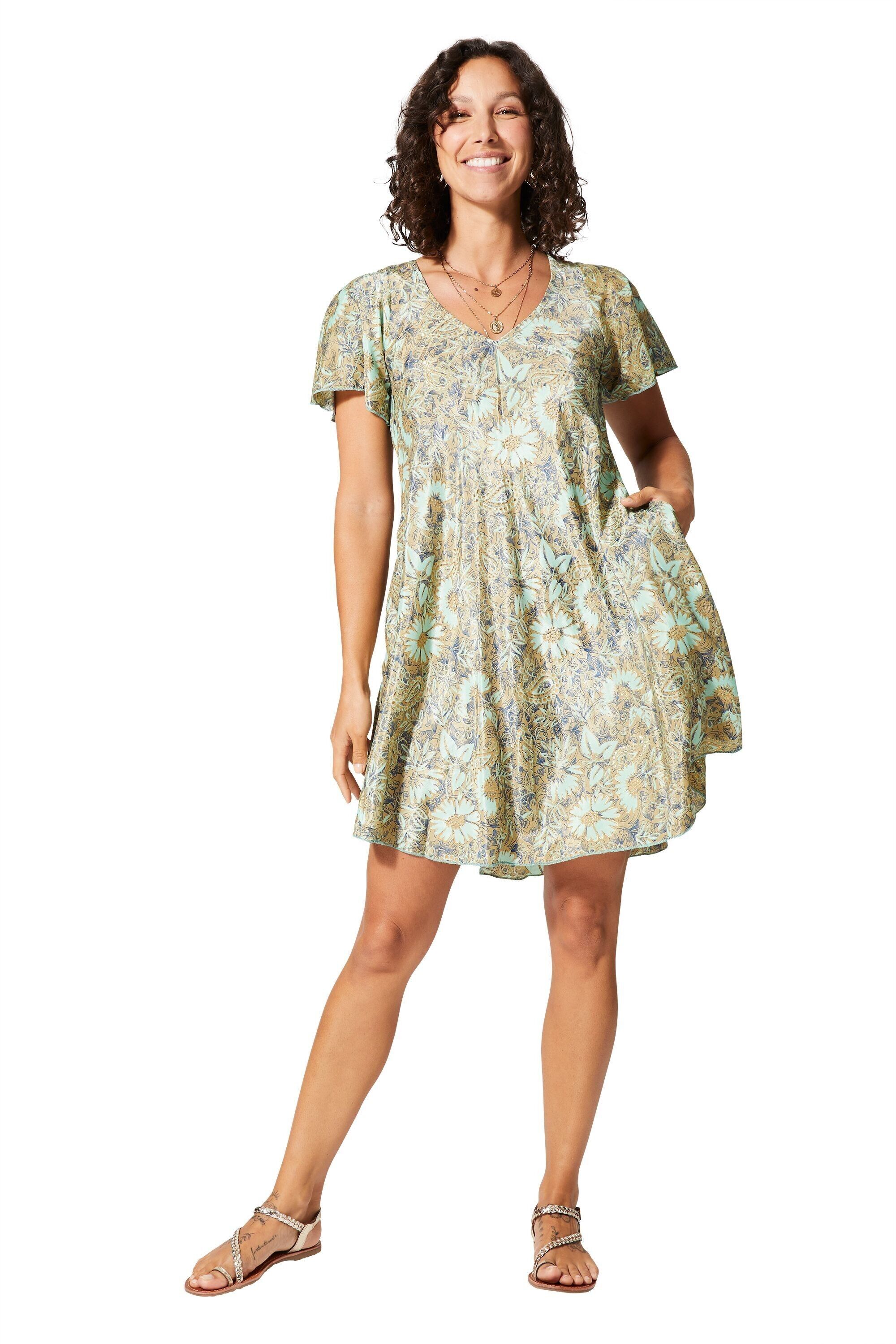 ABITO CORTO ESTIVO BOHEMIAN MANICHE CORTE FANTASIA VERDE ORO RLIP2006G