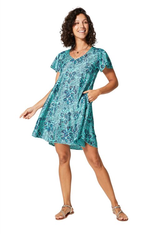 ROBE COURTE ETE BOHÈME MANCHES COURTES BLEU MOTIFS DORÉS RLIP2006I