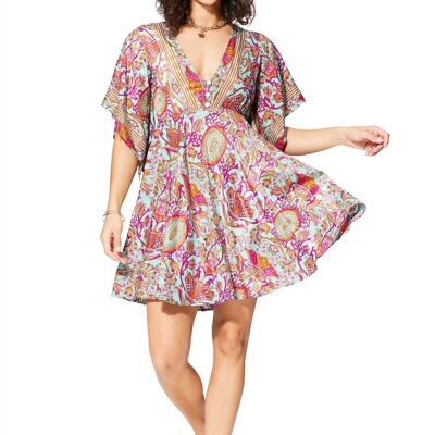 SHORT BOHEMIAN SUMMER DRESS V-NECK GOLD PATTERNS RLIP2007B