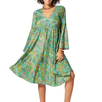 VESTIDO DE VERANO BOHEMIO ENCAJADO CON MANGAS LARGAS Y ESTAMPADOS DORADOS RLIP2008J