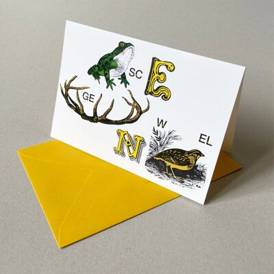 10 Christmas cards with yellow envelopes: Rebus with frog and quail