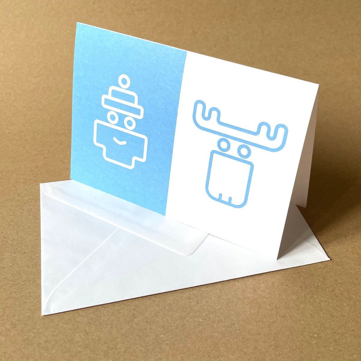 Set of 10 light blue Christmas cards with envelopes: Santa Claus + Elk