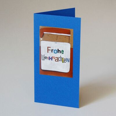 blue Christmas card with sticker: Merry Christmas