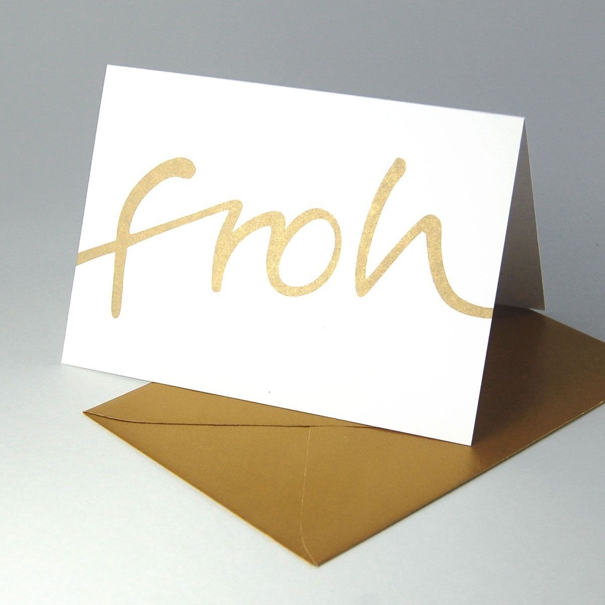 Set of 10 recycled cards with golden print "happy" and golden envelopes