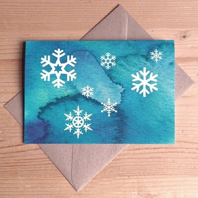 10 recycled Christmas cards with brown envelopes: snowflakes