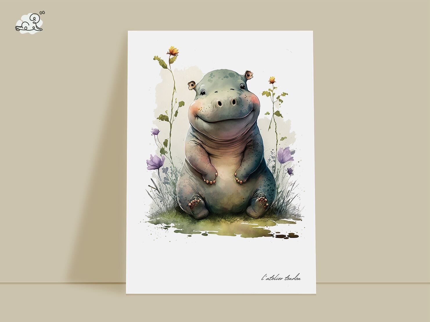 Hippopotamus animal baby room wall decoration - Watercolor theme