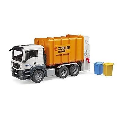 Bruder - 03762 - Orangefarbener MAN TGS Müllwagen mit 2 Tonnen