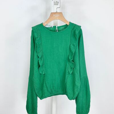 Long-sleeved cotton gauze top with ruffles for girls