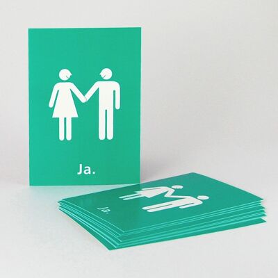 10 green postcards with white envelopes: bride and groom + yes.