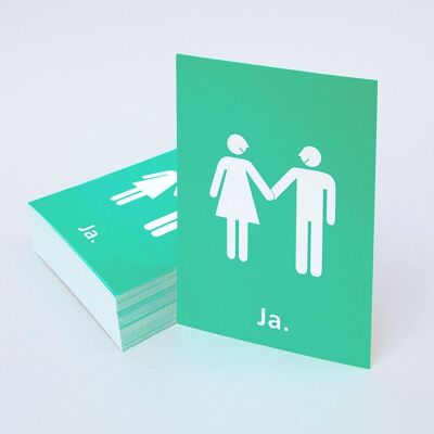 100 green postcards for the wedding: bride and groom + yes.