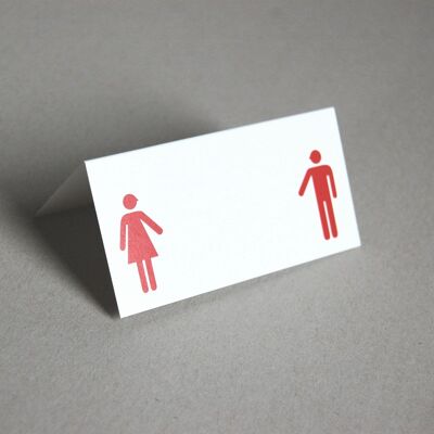 tarjeta de lugar impresa en rojo: hombre y mujer