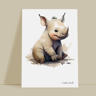 Nashorn-Tier-Wanddekoration für Babyzimmer – Aquarell-Thema