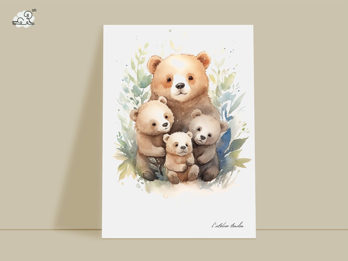 Wanddekoration für Babyzimmer, Tierfamilie Bär – Aquarell-Thema