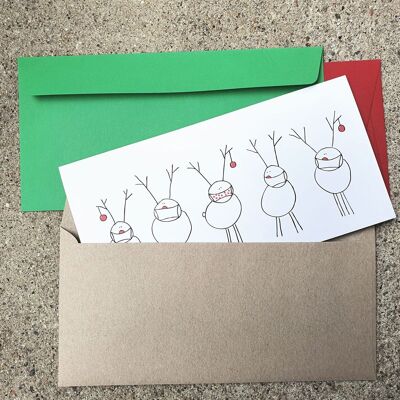 9 Christmas cards with colored envelopes: Rudolf + friends with masks