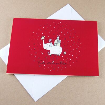 10 cartoline di Natale con busta bianca: elefante con regali