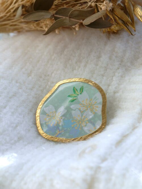 Broche en papier japonais - Fleurs menthe